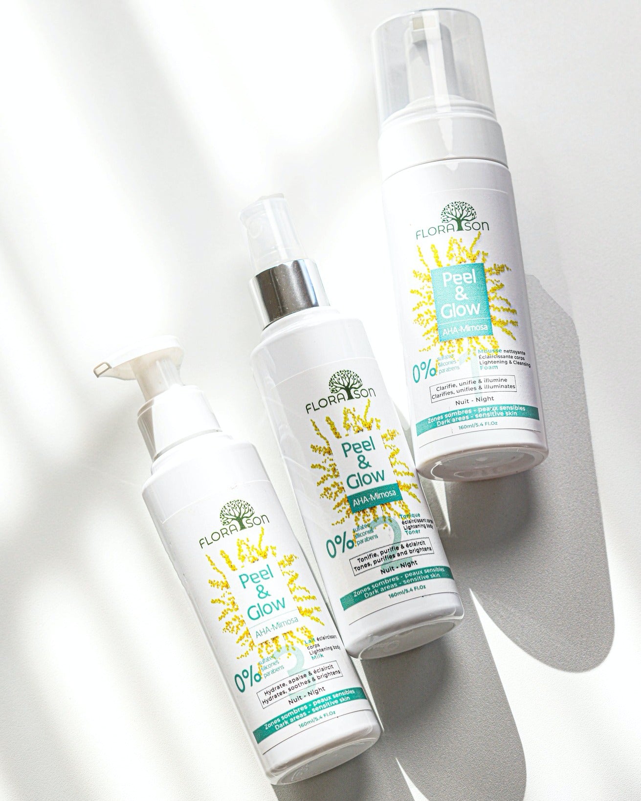 La gamme Peel and Glow, composée d'un lait corporel, d'une mousse nettoyante et d'un tonique, offre une routine complète pour révéler une peau éclatante. 
